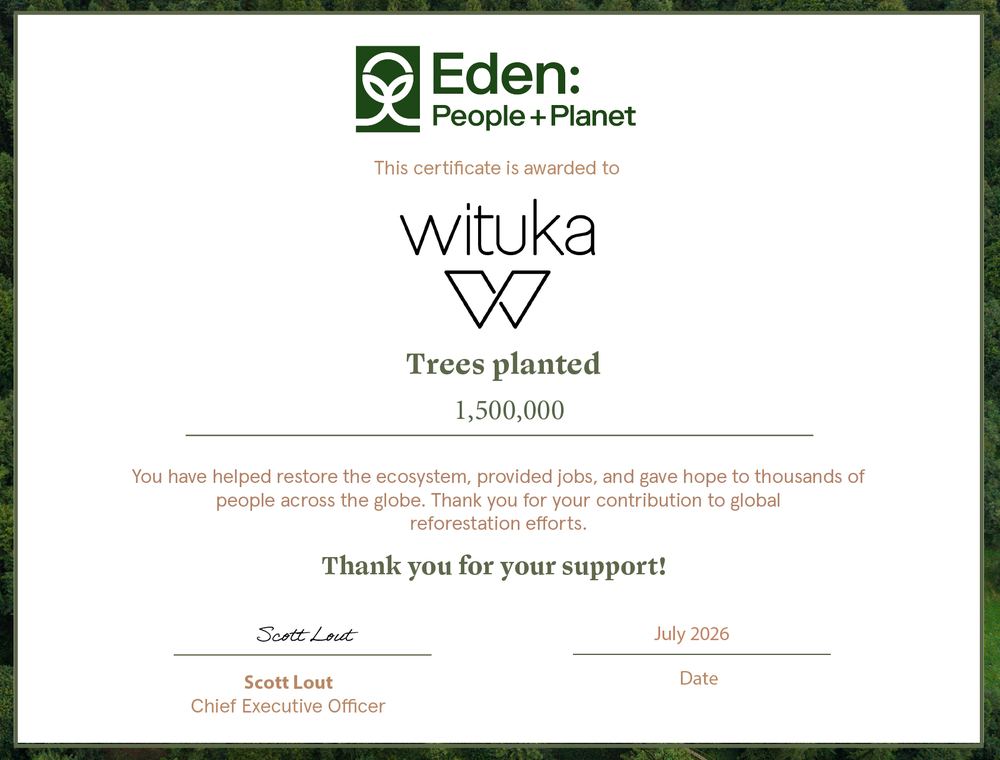 Eden: People + Planet certificate awarded to Wituka: 1,500,000 trees planted