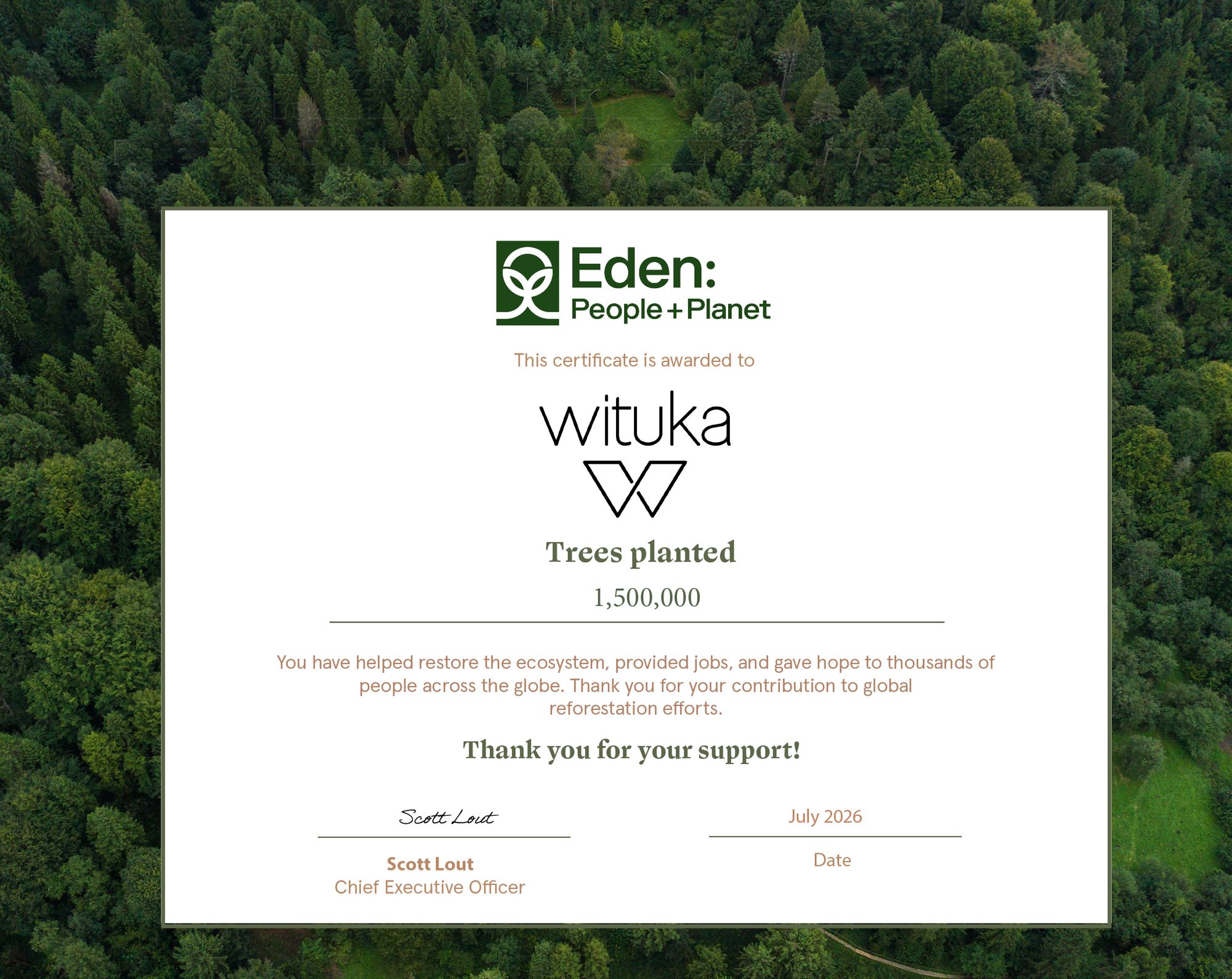 Eden: People + Planet certificate awarded to Wituka: 1,500,000 trees planted